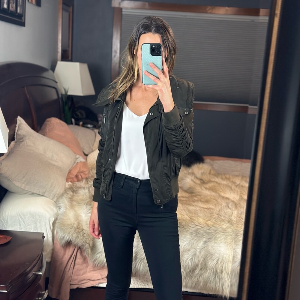 BCBGMaxAzria Army Green Motorcycle Bomber Jacket, Size Small